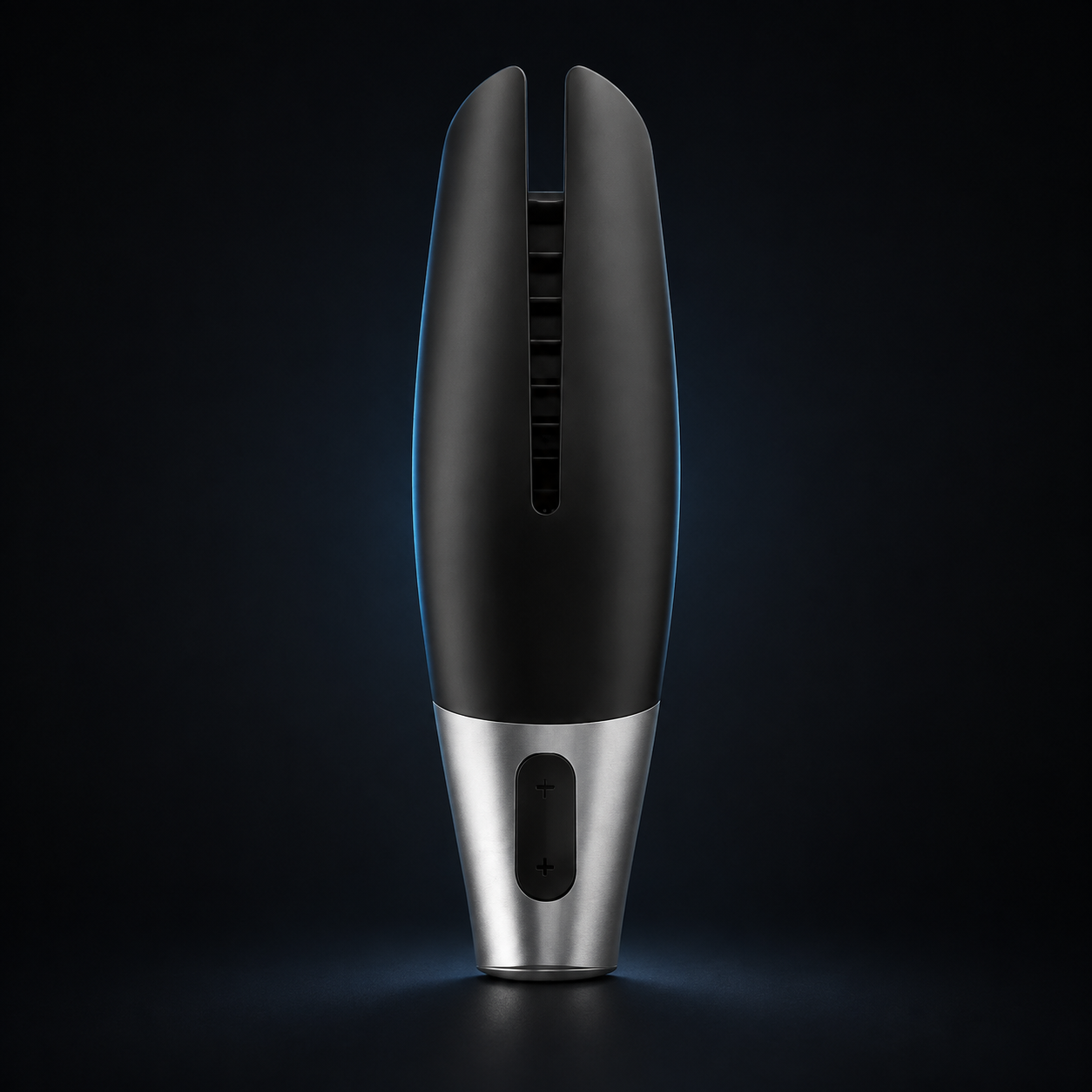 Edited stock product image of a black and silver split-wing device on a dark background