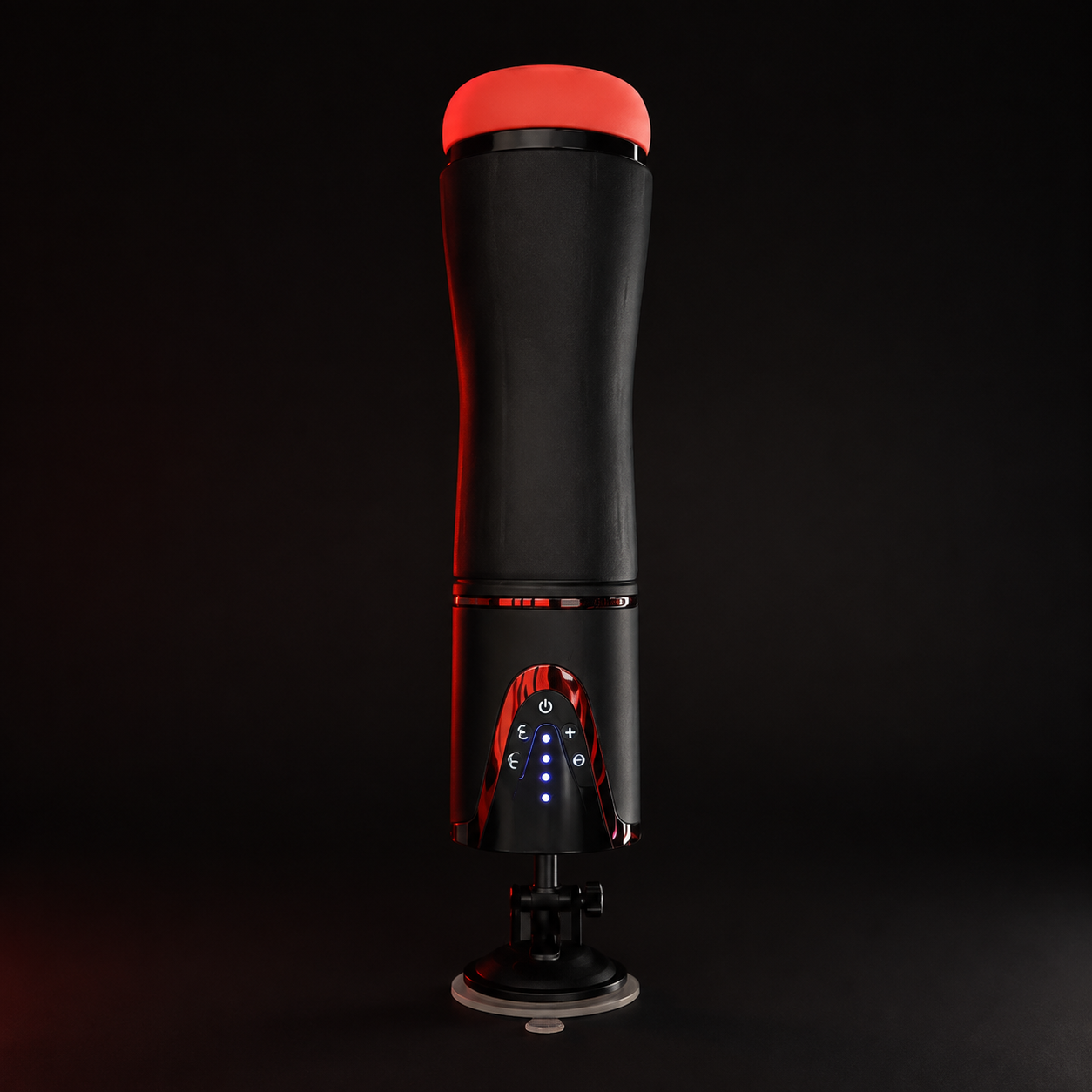 Edited stock product image of a tall black and red device with a suction-cup stand on a dark background